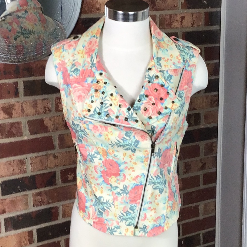 Lush peach & yellow & green floral print moto vest studded zippers and pockets